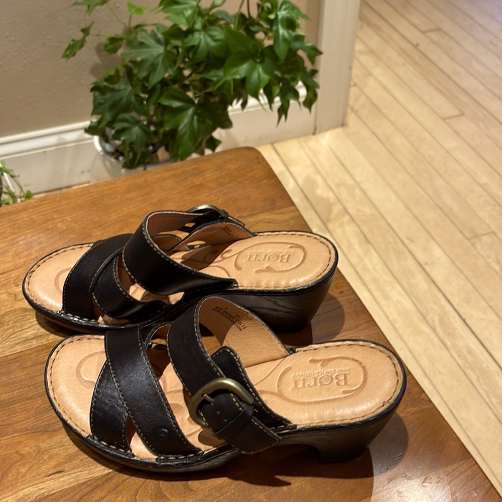 Women’s BORN Sandals with heel.  Black leather upper. Size 8. Worn 1x. Like new.